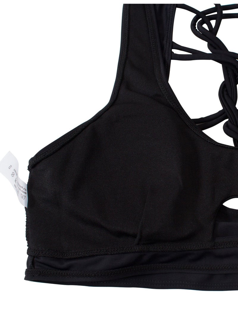 طقم بيكيني قطعتان أسود بتصميم مفتوح، قميص بيكيني بعنق دائري وظهر متقاطع + سروال بيكيني خصر عالي بمقدمة على شكل V - Image 5