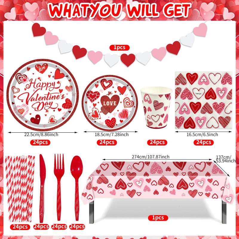 Laiamer Valentines Day Party Supplies Set For 24  Valentine'S Day Plates And Napkins Valentines Tablecloth Cups Valentine Disposable Dinnerware For Valentine'S Days Party Decorations - Image 3
