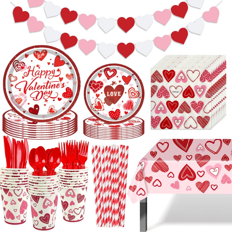 Laiamer Valentines Day Party Supplies Set For 24  Valentine'S Day Plates And Napkins Valentines Tablecloth Cups Valentine Disposable Dinnerware For Valentine'S Days Party Decorations - Image 1