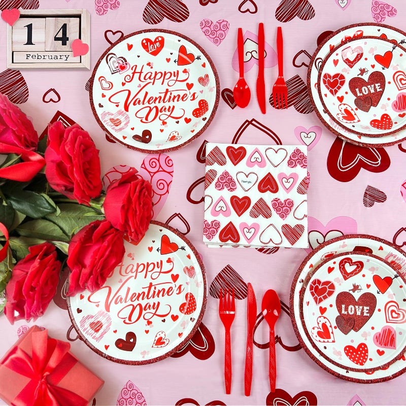 Laiamer Valentines Day Party Supplies Set For 24  Valentine'S Day Plates And Napkins Valentines Tablecloth Cups Valentine Disposable Dinnerware For Valentine'S Days Party Decorations - Image 2