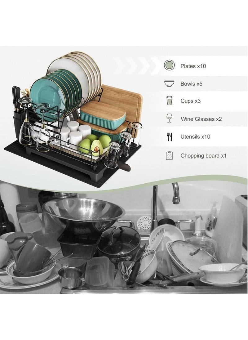 Taizz Ventures - 2-Tier Large Dish Drying Rack Drainboard Set, Stainless Steel Dish Racks with Drainage, Wine Glass Holder, Utensil Holder, and Extra Drying Mat, Kitchen Dish Drainer 29.5x40.5x33cm - Black - Image 1