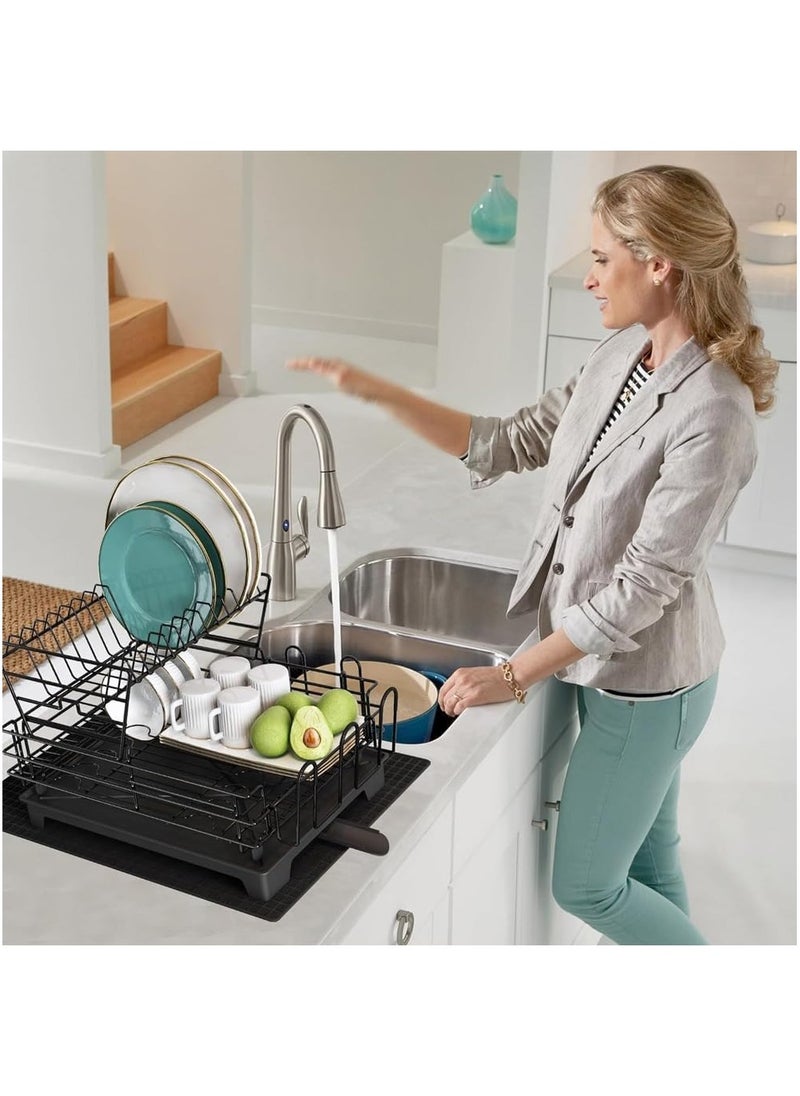 Taizz Ventures - 2-Tier Large Dish Drying Rack Drainboard Set, Stainless Steel Dish Racks with Drainage, Wine Glass Holder, Utensil Holder, and Extra Drying Mat, Kitchen Dish Drainer 29.5x40.5x33cm - Black - Image 1