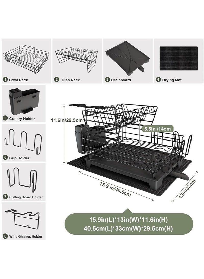 Taizz Ventures - 2-Tier Large Dish Drying Rack Drainboard Set, Stainless Steel Dish Racks with Drainage, Wine Glass Holder, Utensil Holder, and Extra Drying Mat, Kitchen Dish Drainer 29.5x40.5x33cm - Black - Image 1