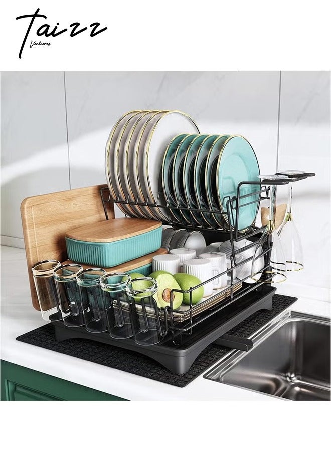 Taizz Ventures - 2-Tier Large Dish Drying Rack Drainboard Set, Stainless Steel Dish Racks with Drainage, Wine Glass Holder, Utensil Holder, and Extra Drying Mat, Kitchen Dish Drainer 29.5x40.5x33cm - Black - Image 1