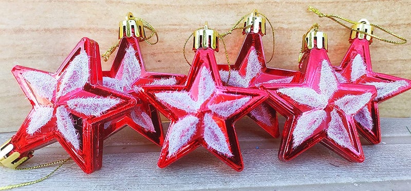 Partunay Set of 6 PcsRed Decorated Stars Christmas Tree Xmas Tree Decoration Hanging Ornaments Christmas Decoration Items Christmas Xmas Tree Decor - Image 1