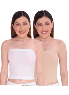 Women's Strapless Crop Top Inner Tube Camisole, (Pack of 2) White/Beige