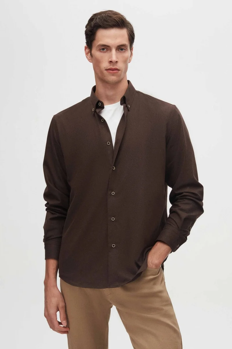 D'S DAMAT Ds Damat Regular Fit Dark Brown Plain Winter Flannel Shirt
