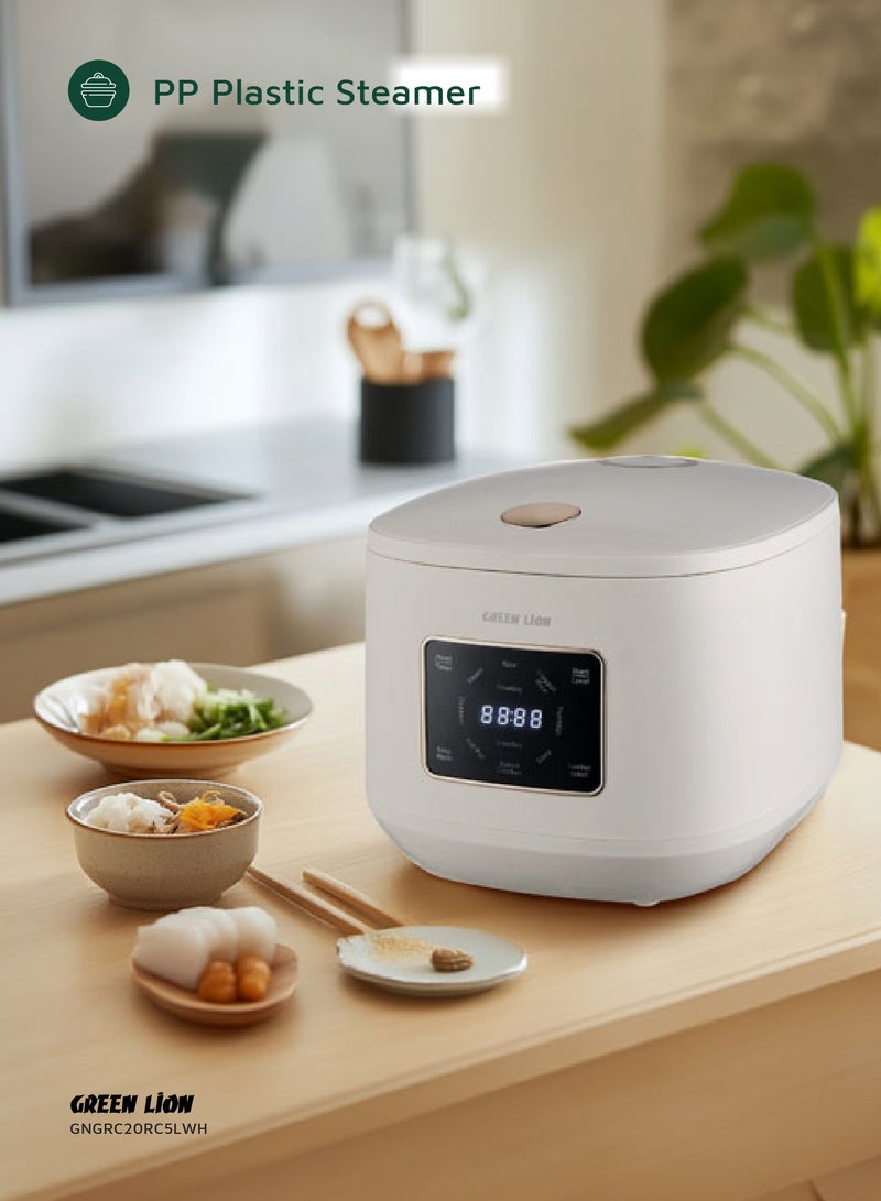 GREEN LION Digital Rice Cooker 900W 5L with 9 Cooking Modes / Preset Timer / Exhaust Vent / Digital Display / Keep Warm Mode / Easy to Clean / Touch Control / PP Plastic Steamer Material - White  - Image 5
