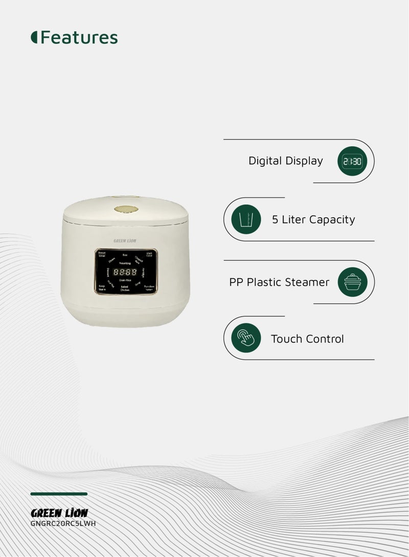 GREEN LION Digital Rice Cooker 900W 5L with 9 Cooking Modes / Preset Timer / Exhaust Vent / Digital Display / Keep Warm Mode / Easy to Clean / Touch Control / PP Plastic Steamer Material - White  - Image 3