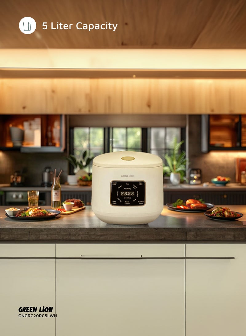 GREEN LION Digital Rice Cooker 900W 5L with 9 Cooking Modes / Preset Timer / Exhaust Vent / Digital Display / Keep Warm Mode / Easy to Clean / Touch Control / PP Plastic Steamer Material - White  - Image 4