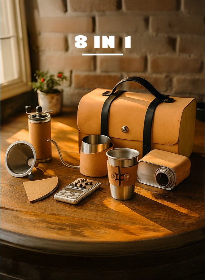 Cady One 8 in 1 Specialty Coffee Maker Kit Set Includes Leather Bag, Coffee Bean Caddy, Electronic Scale, Hand Grinder, Kettle, Filter Paper, Mug, and Filter  - Image 1