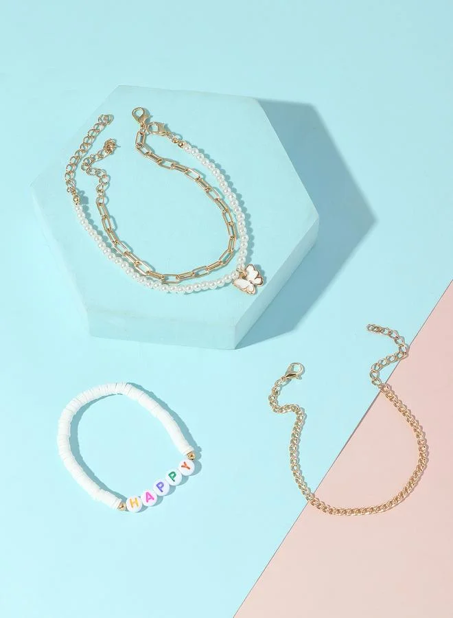 Take Two  Pack of 4 - Girls HAPPY Charm Bracelets with Butterfly and Pearl Accents for Women | Best Price UAE
