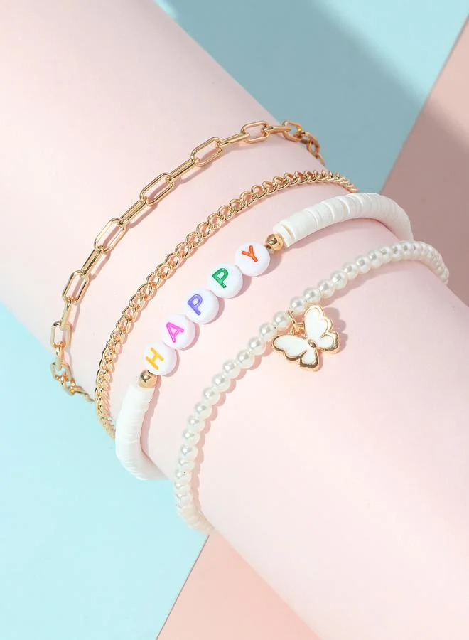 Pack of 4 - Girls HAPPY Charm Bracelets with Butterfly and Pearl Accents