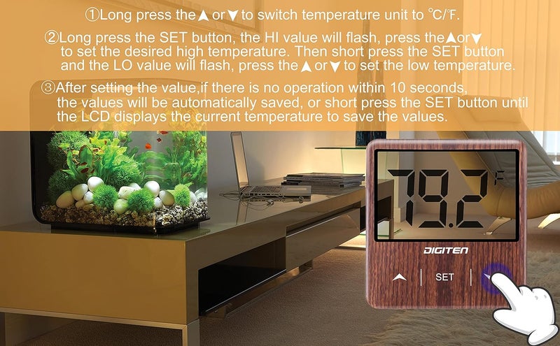 SENSTREE Digital Aquarium Thermometer, Fish Tank Thermometer with Large LCD Display, No Wires, Accurate Reading, Walnut Aquarium Thermometer - Image 3