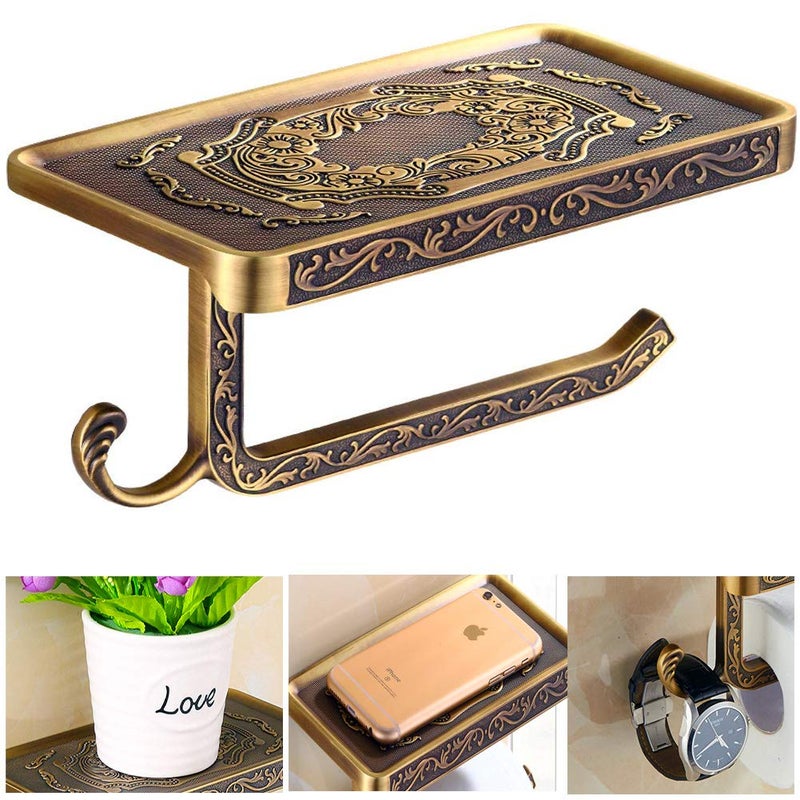 Fredysu Bronze Toilet Paper Holder Antique Brass Toilet Paper Towel Holder Premium Wall Mounted Bathroom Paper Holde with Shelf and Hook