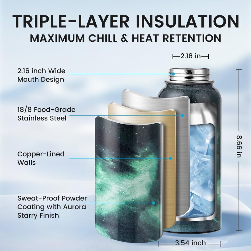 Raymylo 32Oz Insulated Water Bottle  Triple Wall Vacuum Stainless Steel Water Bottles - Keeps Cold 48H  Reusable Metal Water Flask Jug For Gym  Sports  Camping  Hiking Travel  Aurora-Green - Image 4