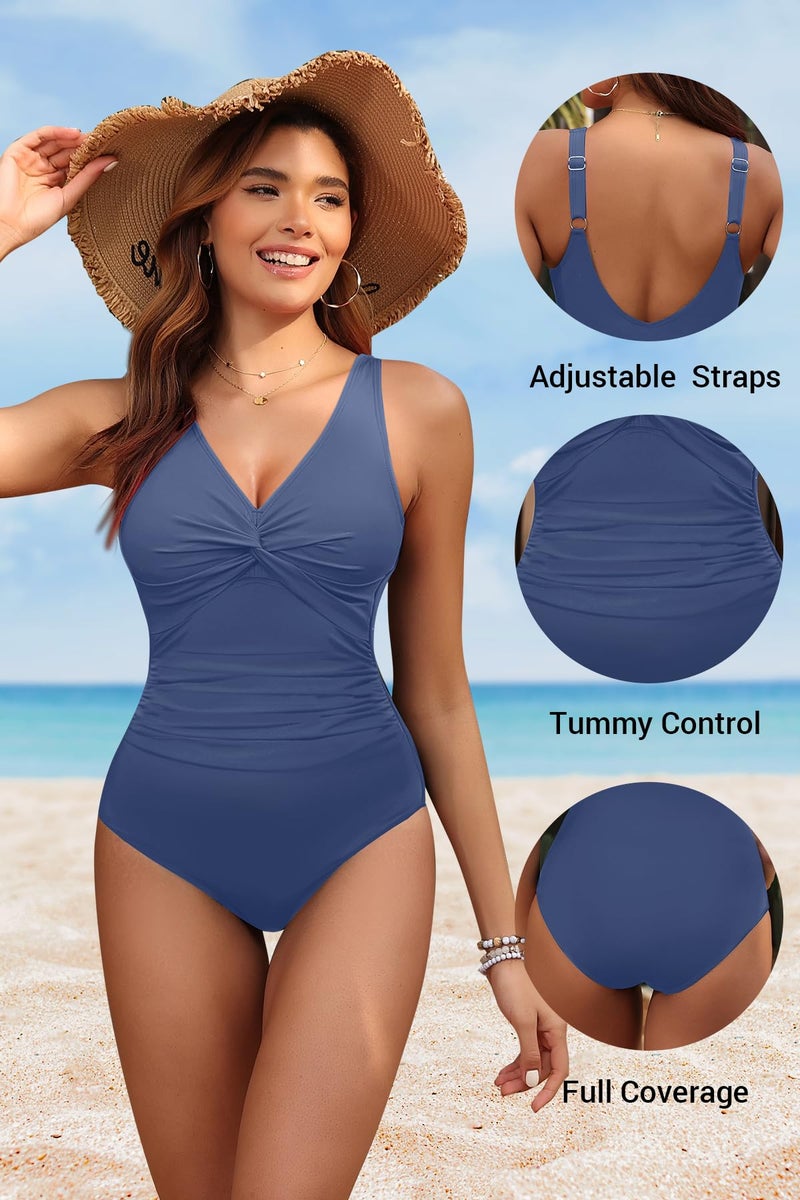 Holipick Blue Women Tummy Control One Piece Swimsuit - Push Up Bathing Suit Full Coverage Slimming Swimwear M - Image 4