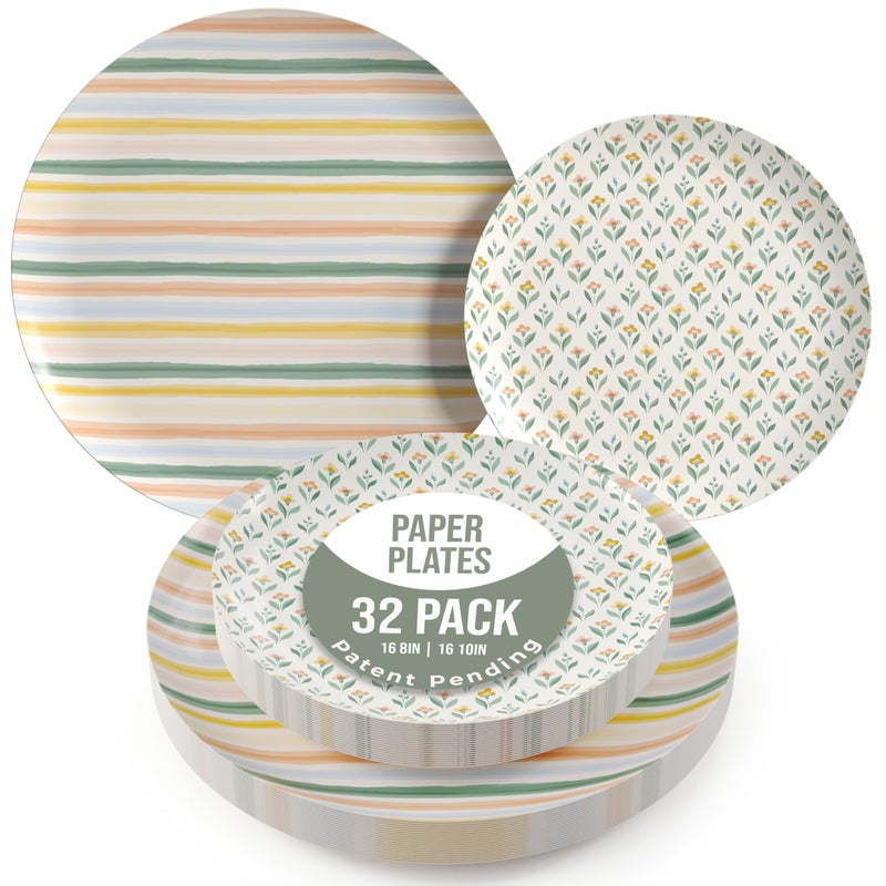 Trendables Heavy Duty Paper Plates Set For 16 Guests - 16 Each Of 8-inch And 10-inch Disposable Plates For Party - Fancy 32 Piece Dinnerware Set For All Occasions | Floral Design  Folk - Image 1