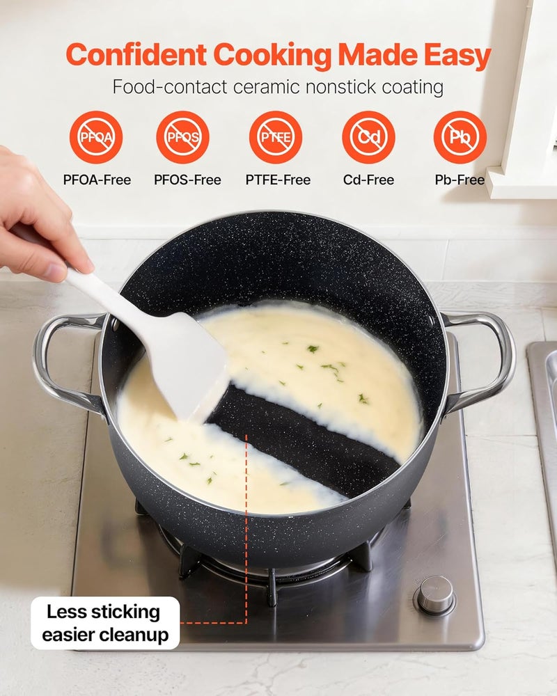 VEVOR Aluminum Stock Pot, 12-Quart Nonstick Ceramic Coated Pot with Glass Lid, PFOA-Free, PFAS-Free, Compatible with Gas Stoves, Induction Cooktops, Electric Stoves, for Soups, Stews, and Pasta - Image 2