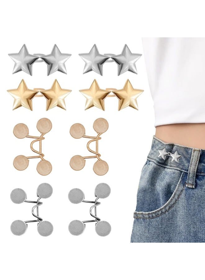ROPAKED 8 Set Pant Waist Tightener Star Buttons Pins for Loose Jeans Reusable Waist Cincher Clip for Clothing Dresses Skirts No Sewing Decoration Accessories(Silver Gold) - Image 1