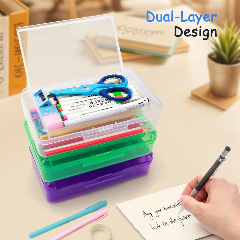 Nuozme صندوق أقلام ذو طبقتين وسعة كبيرة، صندوق أقلام بلاستيكي شفاف، علب أقلام صلبة مزودة بغطاء محكم الإغلاق للأقلام، للاستخدام مع الأقلام ولوازم المدرسة ولوازم المكتب، متوسط الحجم، عبوة واحدة - Image 2