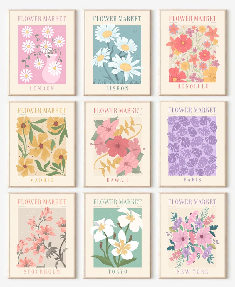 Flower Market Posters Set of 9 Minimalist Wall Art Prints Vintage Flower Pictures Abstract Canvas Colorful Floral Painting for Living Room Bedroom Dorm