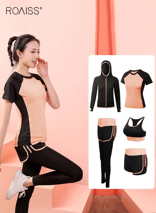 roaiss 5-Piece Gym Wear for Ladies Running Sport Yoga Bra Shorts Pant Trousers Top Coat Tracksuit Womens Yoga Suits Fitness Suits Outdoor Leisure Quick-Drying Sports Suits - Image 1