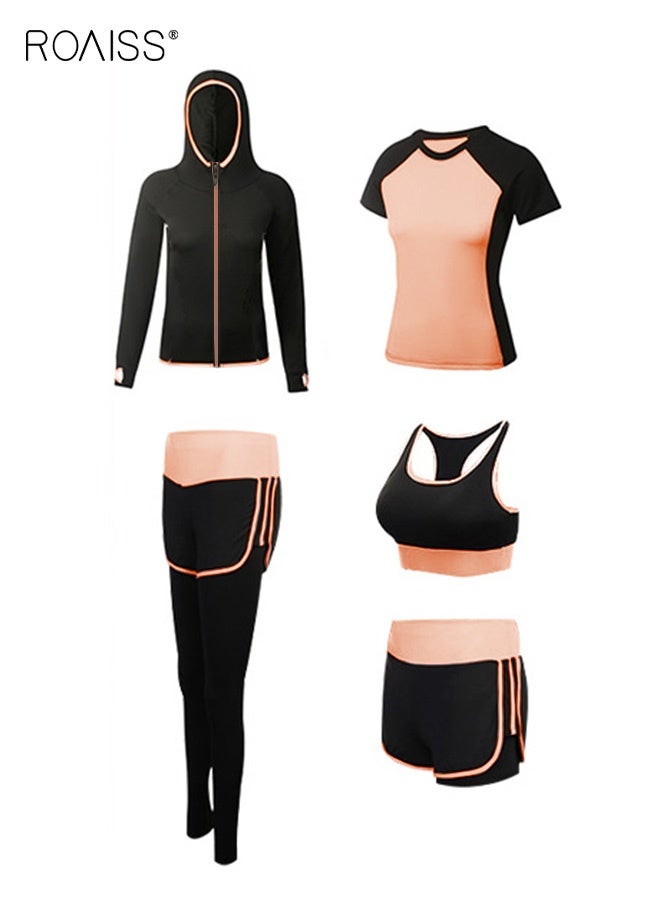 roaiss 5-Piece Gym Wear for Ladies Running Sport Yoga Bra Shorts Pant Trousers Top Coat Tracksuit Womens Yoga Suits Fitness Suits Outdoor Leisure Quick-Drying Sports Suits - Image 2