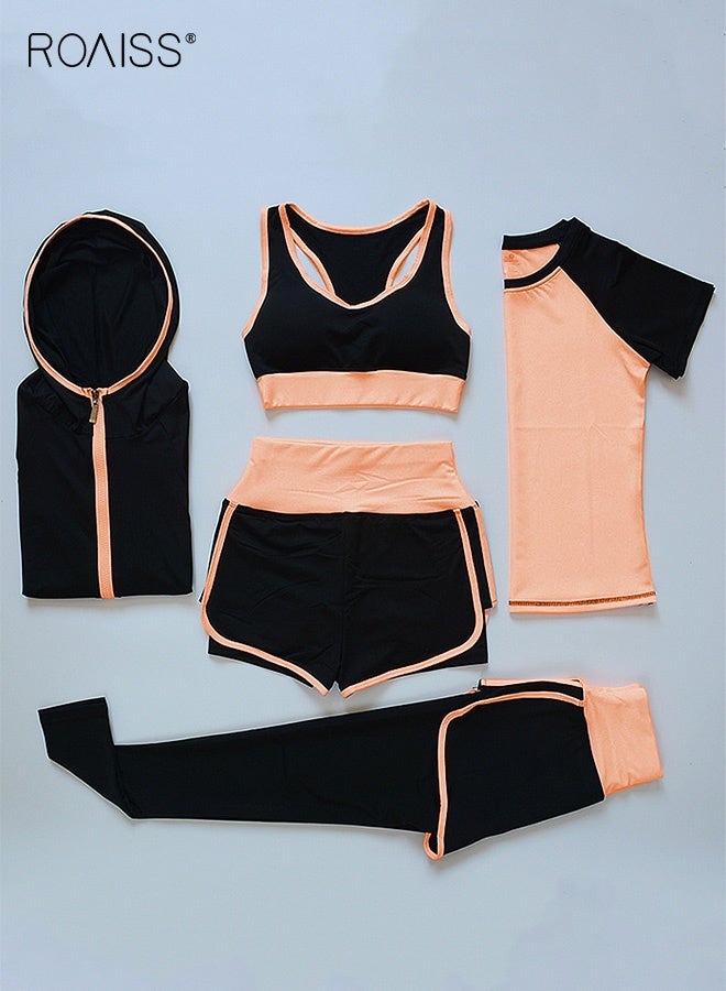 roaiss 5-Piece Gym Wear for Ladies Running Sport Yoga Bra Shorts Pant Trousers Top Coat Tracksuit Womens Yoga Suits Fitness Suits Outdoor Leisure Quick-Drying Sports Suits - Image 4