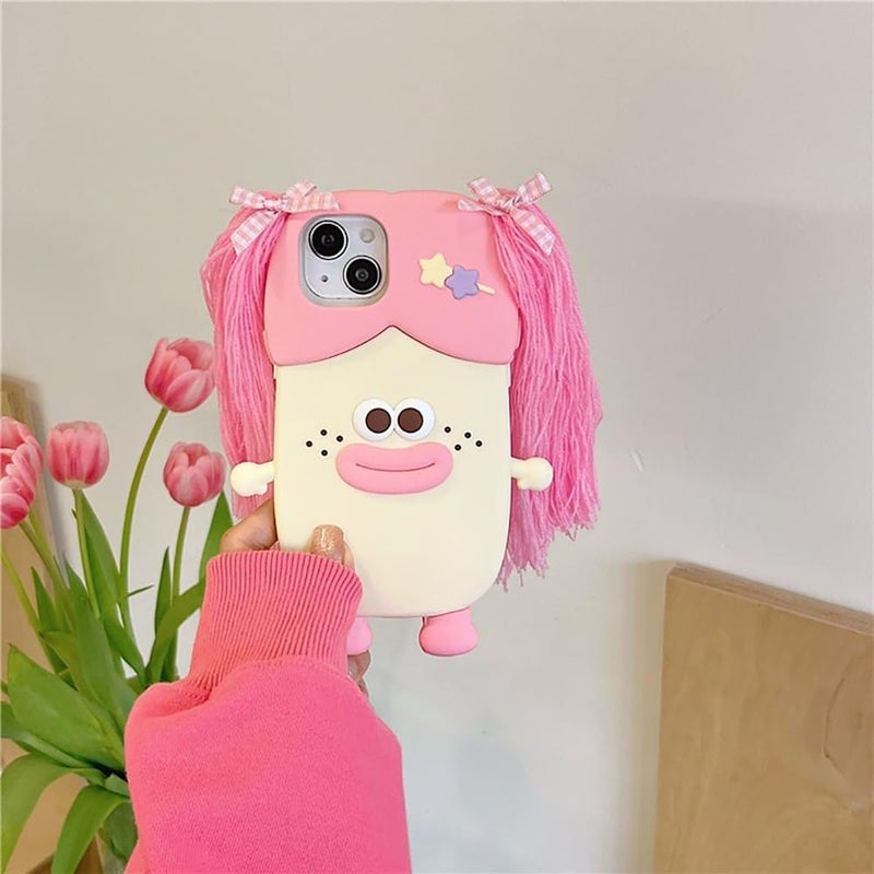 QoKcoahn Case Compatible with iPhone 14,Cute 3D Kawaii Funny Braided Sausage Mouth Girl Pink Cartoon Cover with Keychain Soft Silicone Gel Drop Protector Women Girls - Image 2