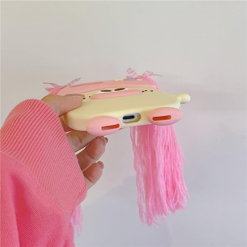 QoKcoahn Case Compatible with iPhone 14,Cute 3D Kawaii Funny Braided Sausage Mouth Girl Pink Cartoon Cover with Keychain Soft Silicone Gel Drop Protector Women Girls - Image 3