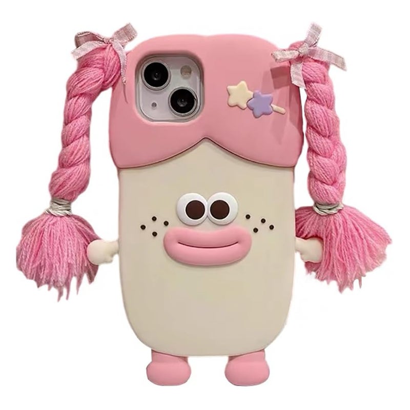 QoKcoahn Case Compatible with iPhone 14,Cute 3D Kawaii Funny Braided Sausage Mouth Girl Pink Cartoon Cover with Keychain Soft Silicone Gel Drop Protector Women Girls - Image 1