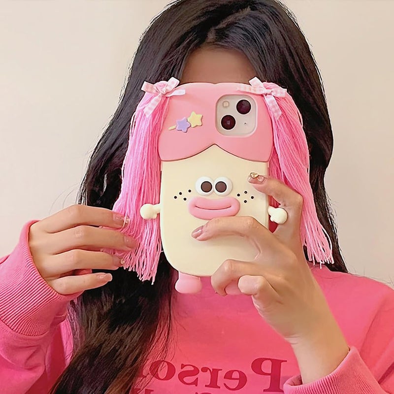 QoKcoahn Case Compatible with iPhone 14,Cute 3D Kawaii Funny Braided Sausage Mouth Girl Pink Cartoon Cover with Keychain Soft Silicone Gel Drop Protector Women Girls - Image 5