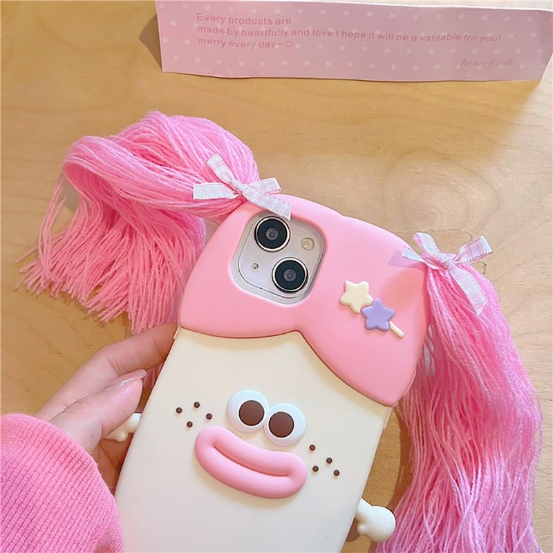 QoKcoahn Case Compatible with iPhone 14,Cute 3D Kawaii Funny Braided Sausage Mouth Girl Pink Cartoon Cover with Keychain Soft Silicone Gel Drop Protector Women Girls - Image 4