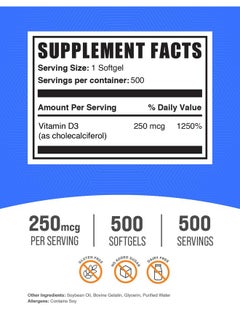 BulkSupplements BulkSupplements.com Vitamin D3 10000IU Softgels - Cholecalciferol, D3 Supplement, Vitamin D 10000 IU - 1 Vitamin D3 Softgel (250mcg of Vitamin D) per Serving - 500-Day Supply, 500 Softgels  - Image 2