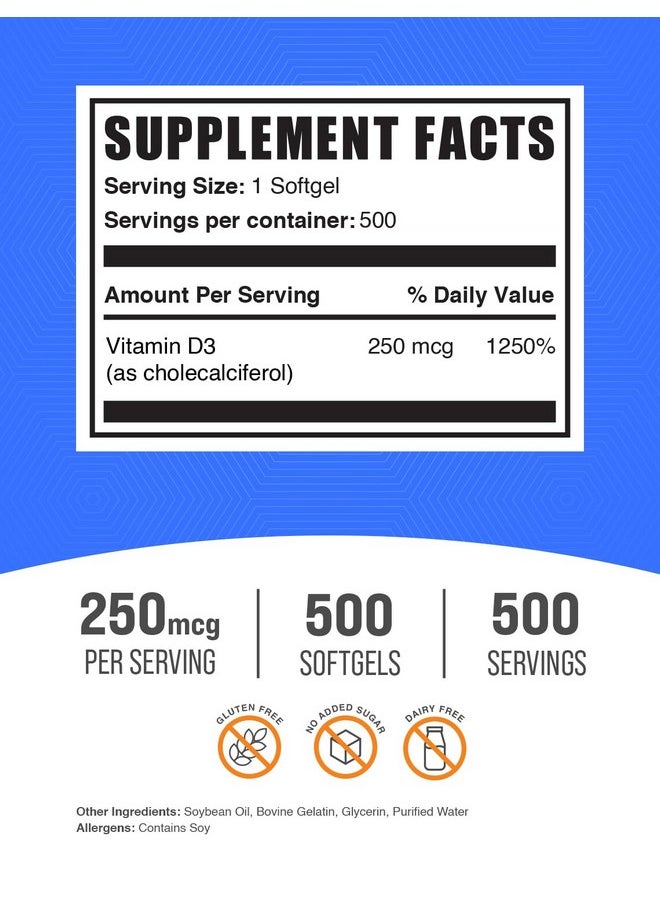 بالك سابلمنتس BulkSupplements.com كبسولات هلامية من فيتامين د3 بتركيز 10000 وحدة دولية - كوليكالسيفيرول، مكمل د3، فيتامين د بتركيز 10000 وحدة دولية - كبسولة هلامية واحدة من فيتامين د3 (250 ميكروجرام من فيتامين د) لكل وجبة - إمداد لمدة 500 يوم، 500 كبسولة هلامية  - Image 2