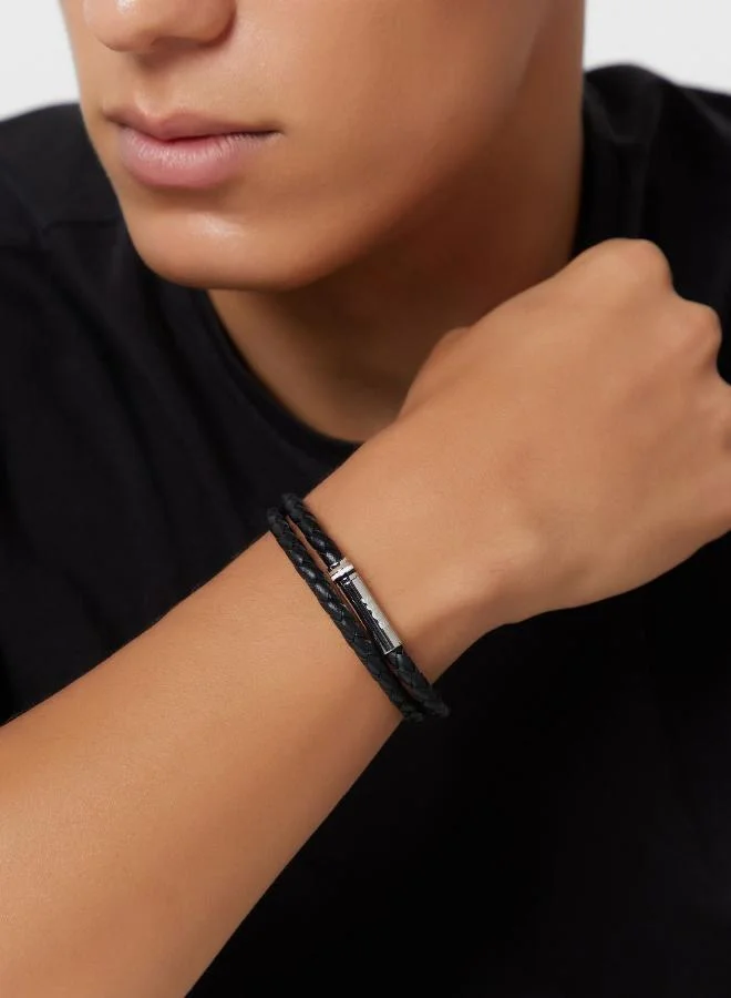 BOSS Ares Collection Leather Bracelet Black For Men - 1580489S