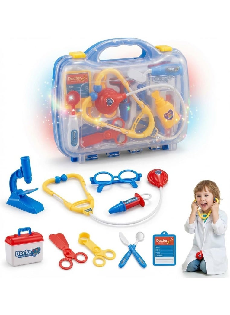 طقم دكتور الأطفال للعب التخيلي، مجموعة ألعاب دكتور مكونة من 15 قطعة مع ميكروسكوب لعبة، سماعة طبية ونظارات، حقيبة حمل محمولة، هدية لعب أدوار للأولاد والبنات من عمر 3 سنوات فما فوق