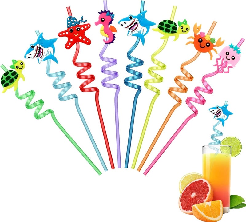 Sea Animal Decorative Drinking Straws, Reusable Plastic, Spiral Design, 8-Pack, Multicolour - Image 1