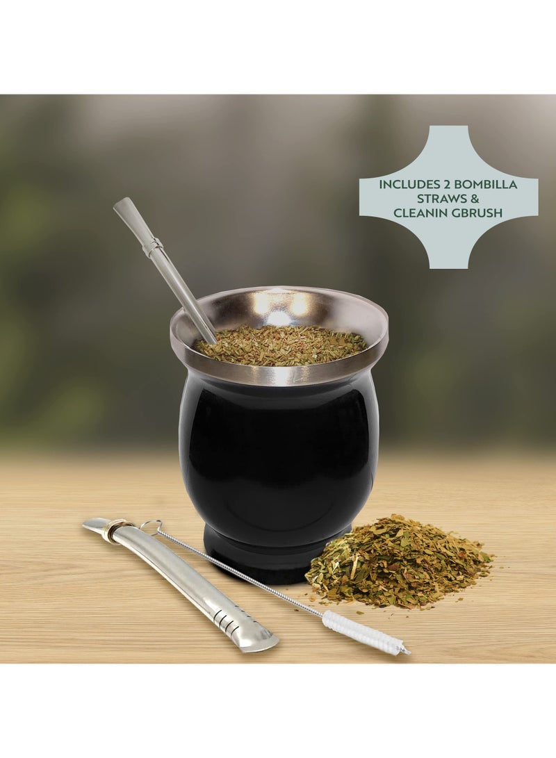 Yerba Mate Cup Kit, 8-Ounces Traditional Mate Tea Cup/Gourd Set | Includes 2 Bombillas (Yerba Mate Straw) & Cleaning Brush, Stainless Steel Cup, Double-Walled, Easy to Clean | Black - Image 2