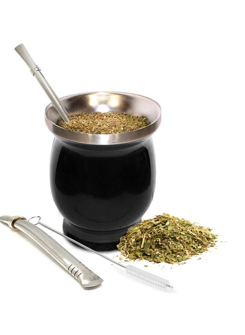 Yerba Mate Cup Kit, 8-Ounces Traditional Mate Tea Cup/Gourd Set | Includes 2 Bombillas (Yerba Mate Straw) & Cleaning Brush, Stainless Steel Cup, Double-Walled, Easy to Clean | Black - Image 1