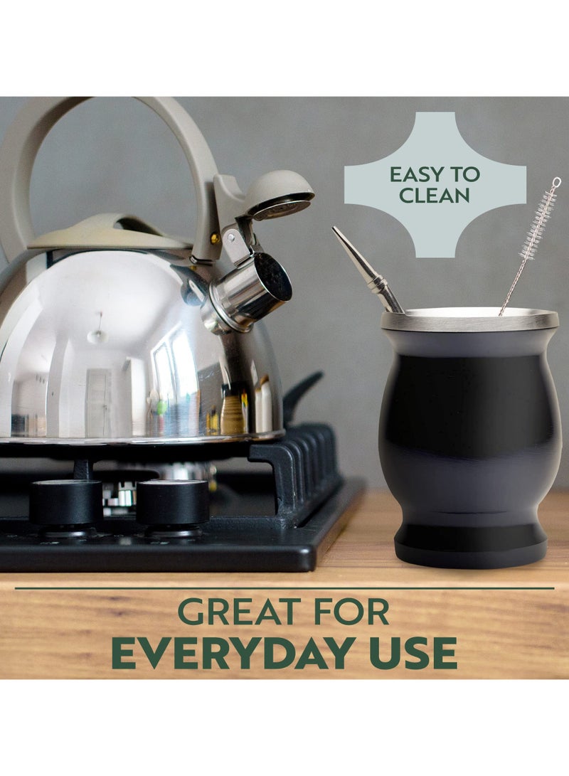 Yerba Mate Cup Kit, 8-Ounces Traditional Mate Tea Cup/Gourd Set | Includes 2 Bombillas (Yerba Mate Straw) & Cleaning Brush, Stainless Steel Cup, Double-Walled, Easy to Clean | Black - Image 4