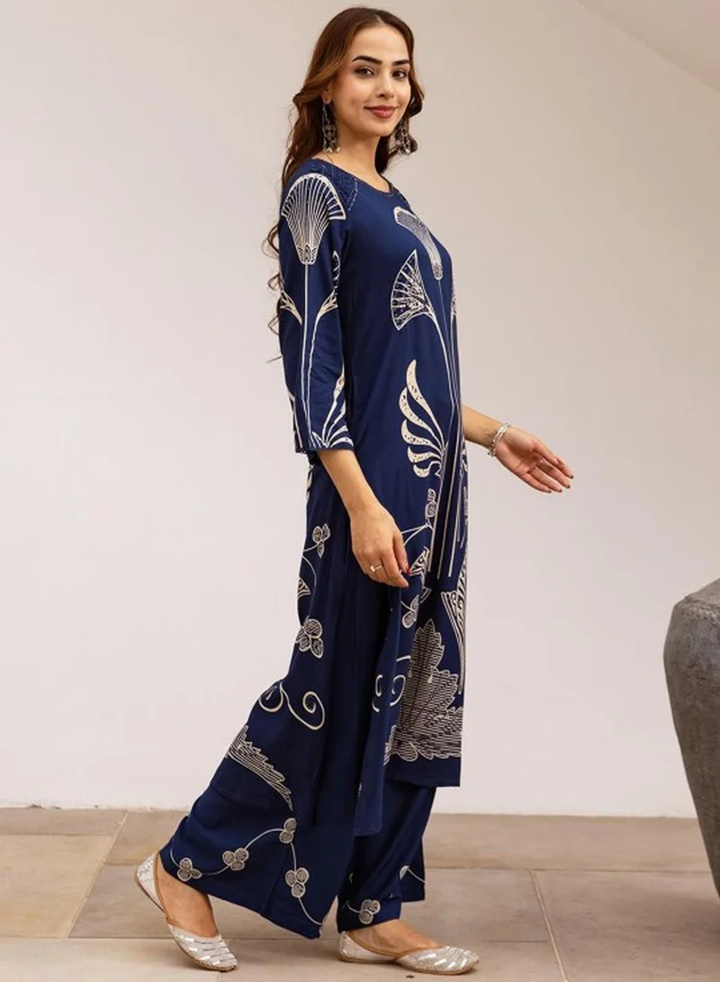 ISHIN Women's Royal Blue German Rayon Self Designed Tunic Upper Full Length Palazzo Bottom Regular Fit 2 Piece Kurta Set
