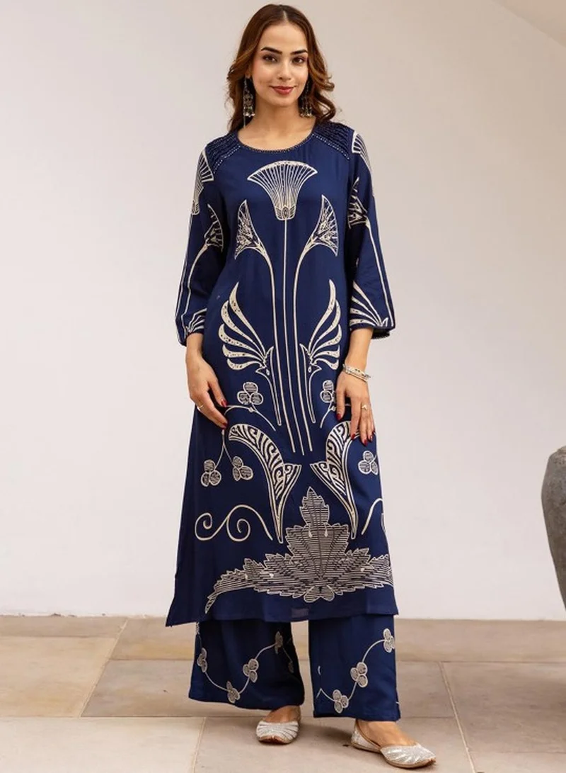 ISHIN Women's Royal Blue German Rayon Self Designed Tunic Upper Full Length Palazzo Bottom Regular Fit 2 Piece Kurta Set