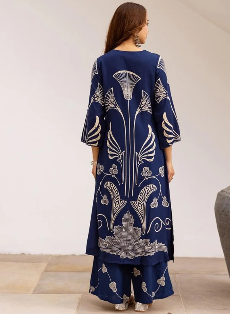 ISHIN Women's Royal Blue German Rayon Self Designed Tunic Upper Full Length Palazzo Bottom Regular Fit 2 Piece Kurta Set