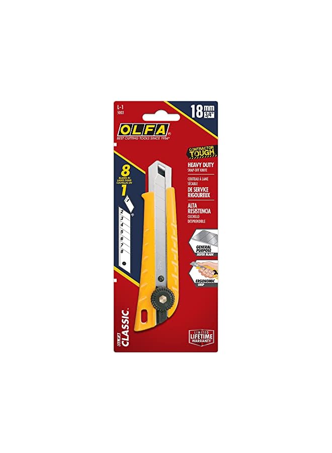 OLFA سكين أولفا 18 مم للاستخدام الثقيل (L-1) - سكين قطع متعددة الأغراض بعمق قطع مخصص مع مقبض مريح وشفرة قابلة للكسر، شفرات بديلة: أي شفرة أولفا 18 مم - Image 5