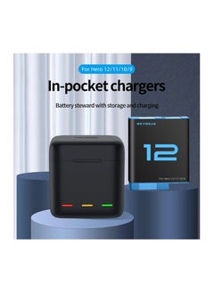 TELESIN Battery Charger for GoPro Hero 12 Black Hero 11 Hero 10/9, Portable Charger 3-Channel Battery Charging Storage 3 Pack Rechargeable Hero 12/11/10/9 Batteries (Charger + 2 x Batteries)  - Image 2