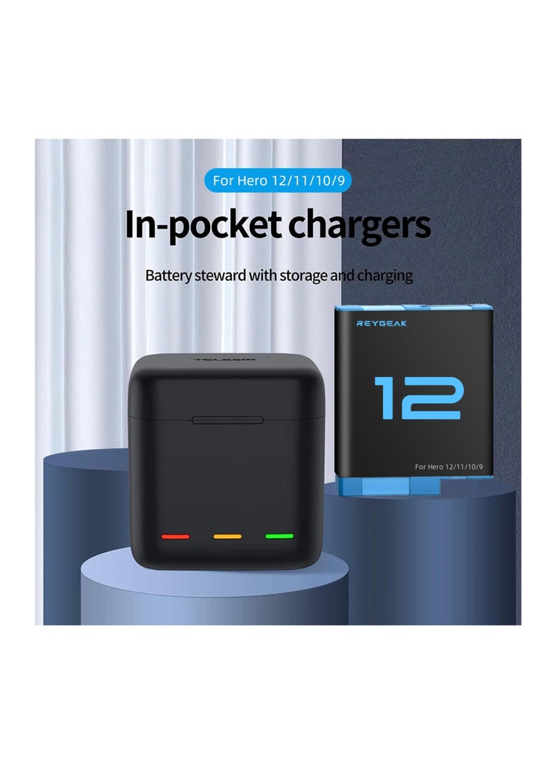 TELESIN Battery Charger for GoPro Hero 12 Black Hero 11 Hero 10/9, Portable Charger 3-Channel Battery Charging Storage 3 Pack Rechargeable Hero 12/11/10/9 Batteries (Charger + 2 x Batteries)  - Image 2