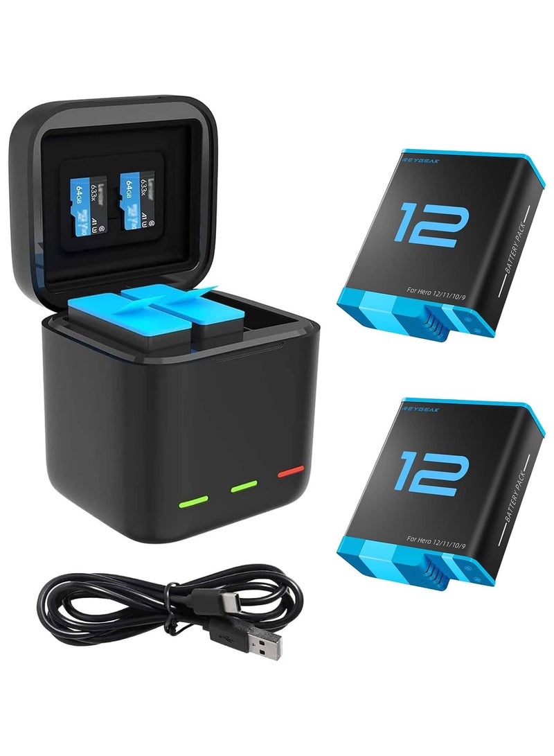 TELESIN Battery Charger Kit for GoPro Hero 12 11 10 9 Black, Portable Charger 3-Channel Battery Charging + 2 Pack Battery for GoPro 12 11 10 9 Batteries Accessories  - Image 1