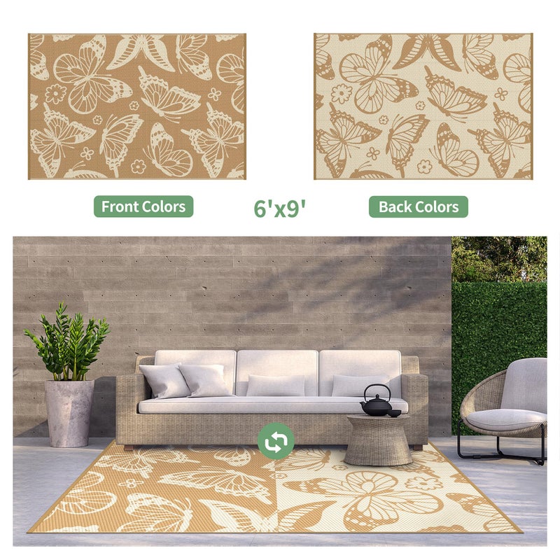 GENIMO Outdoor Rug 6' x 9' Waterproof for Patio Clearance, Reversible Plastic Straw Camping Carpet, Lightweight Mats for Rv, Camper, Deck, Porch, Picnic, Beach, Balcony, G.Brown & Beige - Image 2